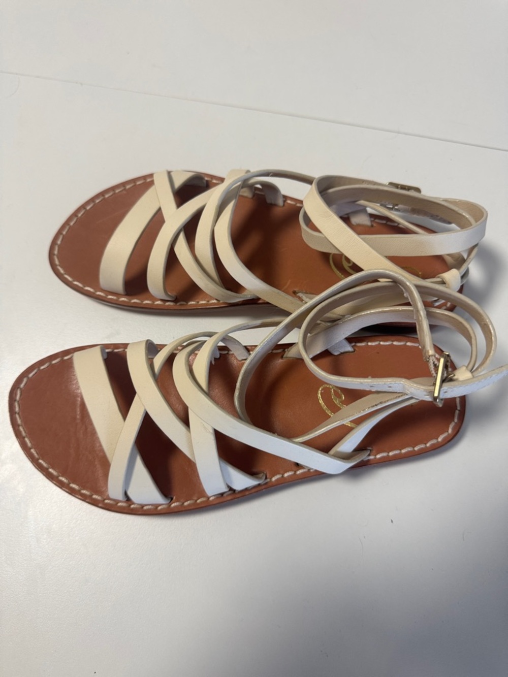 Sam Edelman Cream Strappy Flat Ankle-Wrap Sandals